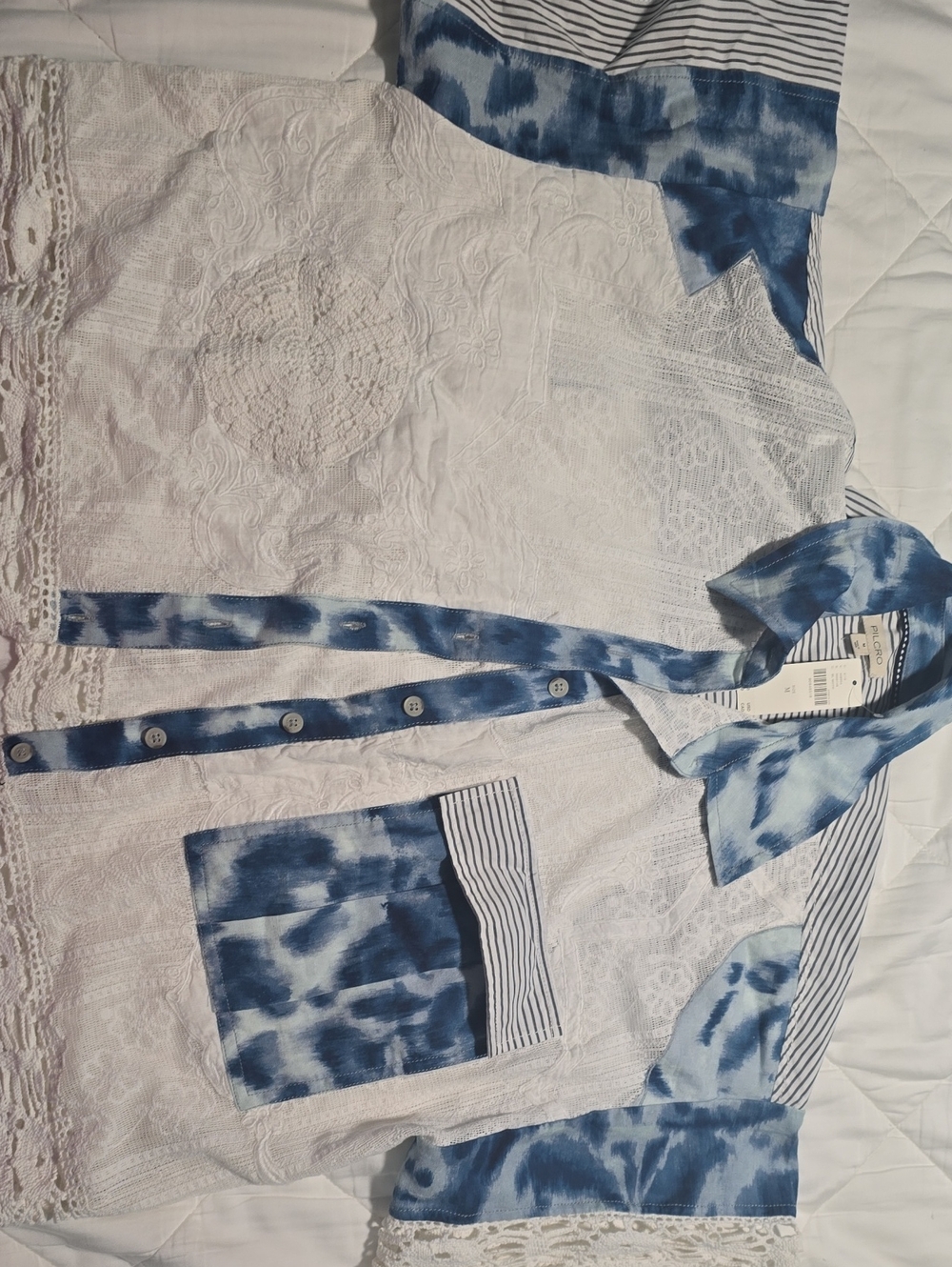 Pilcro White Lace Button-Down Top with Blue Tie-Dye Trim